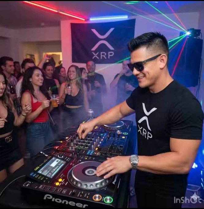 A DJ wearing an "XRP" t-shirt and sunglasses works a Pioneer mixing board at a lively party, with a large "XRP" logo banner hanging in the background as the crowd enjoys drinks and colorful laser lights fill the room. The image ties into Dr. Nguyen's post by visually representing the "XRP Army" community rallying around the Clarity Act campaign.