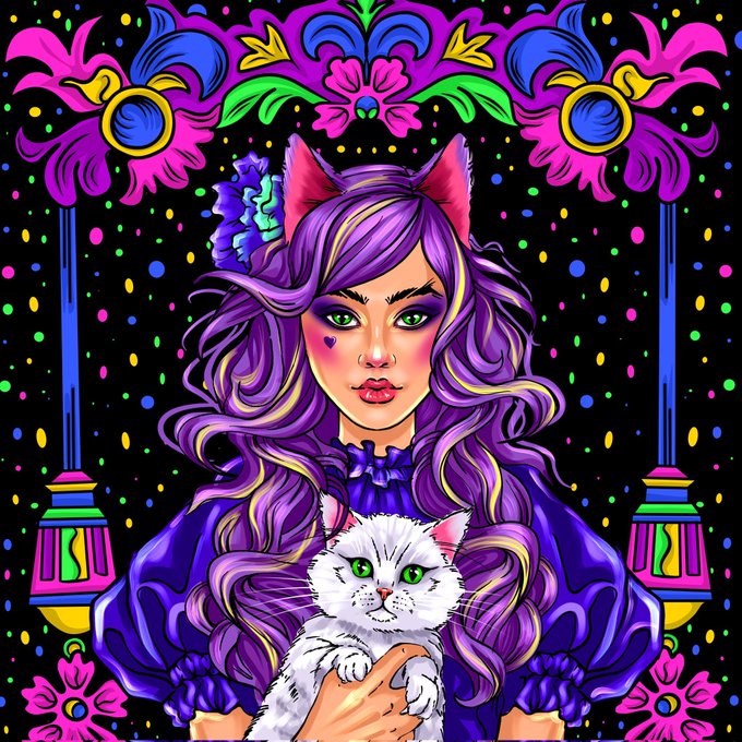A vibrant, colorful illustration of a purple-haired girl with cat ears holding a white cat, set against a black background decorated with neon paisley patterns, dots, and ornate floral designs.