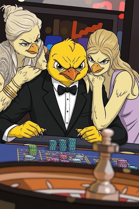A cartoon illustration shows three angry yellow birds dressed in human clothing at a casino table with poker chips and a chess piece in the foreground.