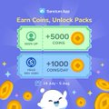 A blue promotional graphic advertises a limited-time Sanctum rewards event, offering "+500 coins" for logging in daily (boosted to "+1,000 coins/day") and text referencing 100 USDC, designed to complement the post about earning extra coins for pack openings.