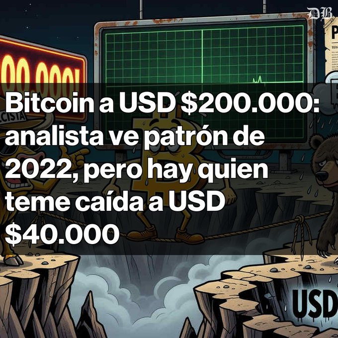 A graphic illustrating cryptocurrency market volatility, overlaid with Spanish text: 'Bitcoin a USD $200.000: analista ve patrón de 2022, pero hay quien teme caída a USD $40.000.'