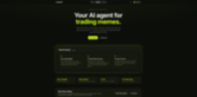 A blurred dark-themed website screenshot displays the headline "Your AI agent for trading memes" with yellow-accented feature sections below, visually representing the upcoming AI trading product mentioned in the post.