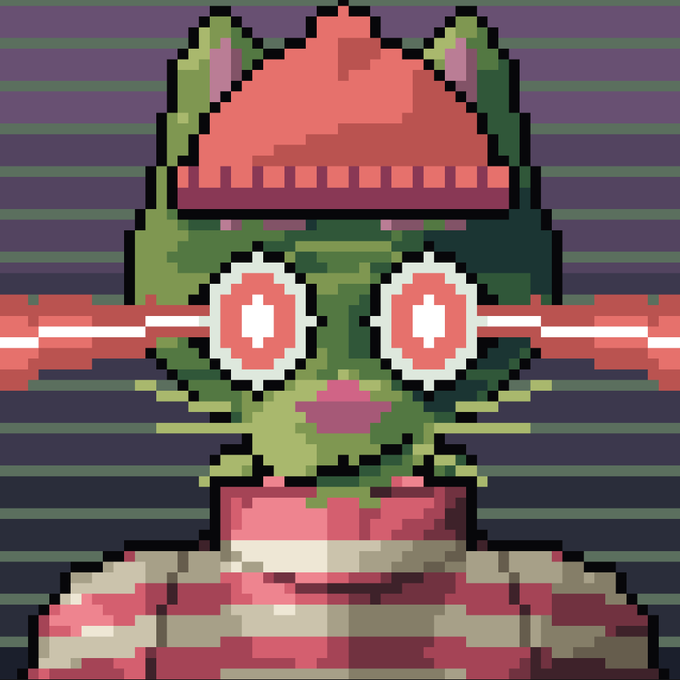 A pixel art image of a green cat wearing a red beanie and large glasses with red laser beams shooting out of them, set against a striped purple background.