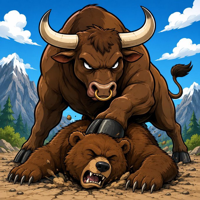 An animated cartoon illustration of a brown bull with large horns standing over a defeated brown bear lying on the ground in a mountainous landscape.
