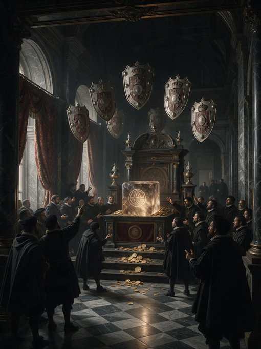 A dramatic AI-generated or fantasy-style illustration depicting robed figures gathered around a glowing chest filled with gold coins inside a dark hall adorned with shields.