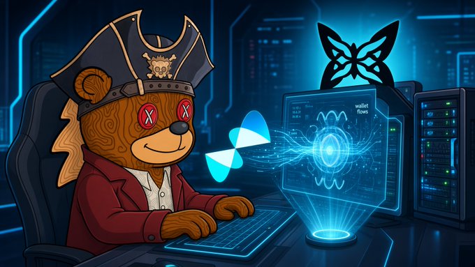 An anthropomorphic bear pirate wearing a tricorn hat sits at a futuristic console, with a glowing translucent interface displaying "wallet flows" beside a butterfly-like emblem, visually echoing the post's description of quietly checking wallet flows on the QUIP network testnet.