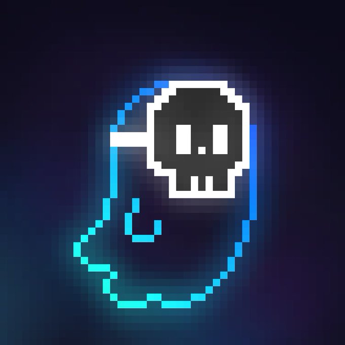 A pixel-art skeleton character with a smiling face is wrapped in a glowing cyan whip-like chain against a dark blue background.