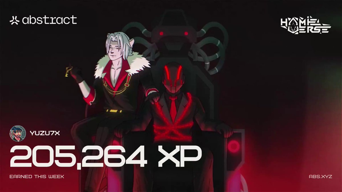 The image features a poster with two characters, one sitting on a throne and another standing behind them. The poster also includes text about a game called "@AbstractChain" and a link to an NFT for the game. The main focus of the image is the characters and their positions in relation to each other.