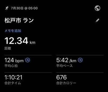 A dark-themed fitness app showing a Matsudo City run from July 30 at 05:00, with 12.34 km distance, 124 bpm average heart rate, and 676 total calories burned.