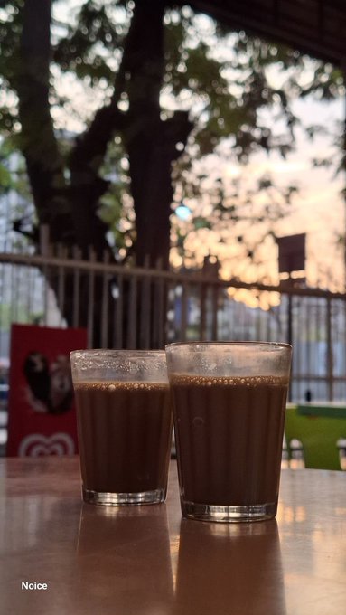 Two glasses of dark iced coffee sit on a wooden table in a sunlit outdoor café, framed by a wrought-iron fence and trees with golden-hour light filtering through. The "gm" (good morning) post pairs perfectly with the warm, inviting scene that looks like a peaceful start to the day.