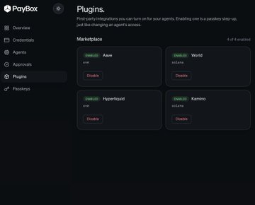 A screenshot of a 'PayBox' Plugins dashboard showing a Marketplace with four available integrations: Aave, World, Hyperliquid, and Kamino, all marked as 'ENABLED'.