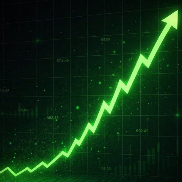 Stylized stock market graphic featuring a bright green ascending zigzag arrow trending upward against a dark green background with scattered stock prices and a grid pattern.