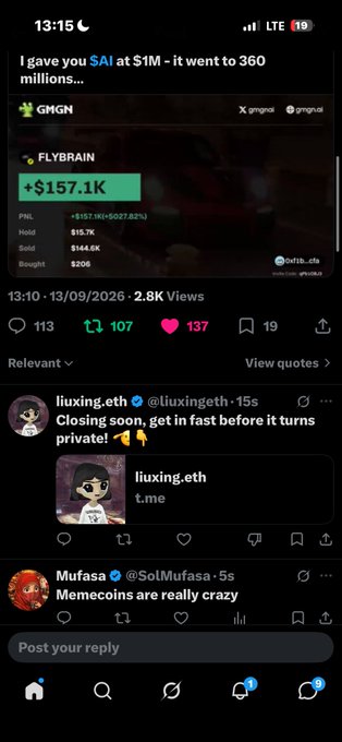 A Twitter/X social media feed post stating 'I gave you SAI at $1M - it went to 360 millions...' alongside trading stats for GMGN ($157.1K) and a reply from 'liuxing.eth' urging fast action.