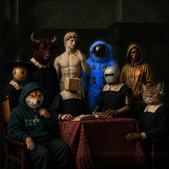 A surreal renaissance-style portrait features classical figures—including a marble statue, a minotaur, and biblical scholars—alongside crypto icons like a cardboard-robot Bitcoin avatar, astronauts, and Shiba Inu and cat mascots in hoodies, with one hoodie reading "MAN HTX." The composition cleverly blends Old Master painting aesthetics with meme culture and cryptocurrency symbolism, echoing the "one block at a time" theme of blockchain bridging tradition and innovation.