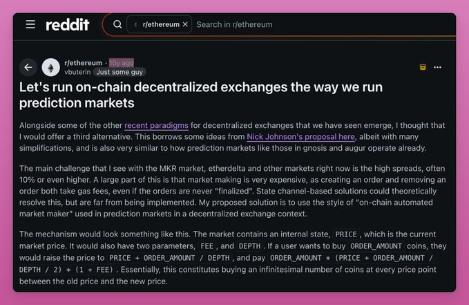 The image contains a screenshot of a post by a Redditor named Hayden titled "Let's run on-chain decentralized exchanges the way we run prediction markets". In this post, he shares an idea for implementing Uniswap, which involves running on-chain centralized exchanges that follow the exchange rate and predict market trends.
