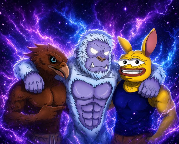 A digital illustration of three muscular cartoon characters—a brown bird, a purple yeti, and a yellow rabbit—standing together against a cosmic purple and blue nebula background.
