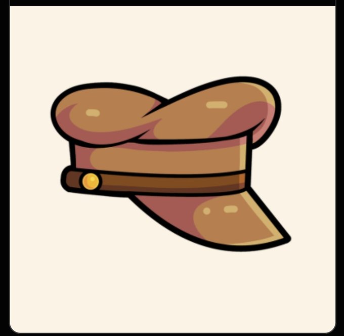 A cartoon illustration of a brown hat with a wide brim and a decorative band.