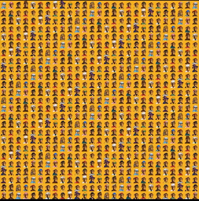 A dense grid composed of hundreds of small pixel art character avatars with varied hairstyles, skin tones, and clothing set against a solid orange background.