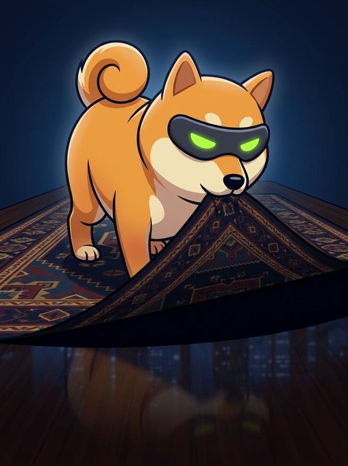 A cartoon Shiba Inu dog wearing glowing green goggles standing on a patterned rug in a dark setting.