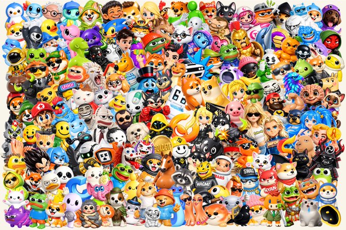 A densely packed collage featuring countless emoji-style cartoon characters including animals (dogs, cats, owls, frogs, pigs), pop culture figures like Mario, Shrek, and anime characters, along with notable text elements like "LEGO," "WAGMI," "SWAG," and "FARTAN," visually representing the diverse meme communities referenced in the celebratory "Happy Hump Day" post asking followers to weigh in on the strongest community.