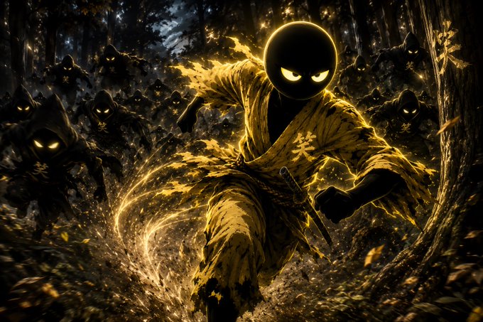 Digital artwork of a stylized black-headed ninja character with glowing yellow eyes in golden robes, surrounded by shadowy figures in a dark forest setting.