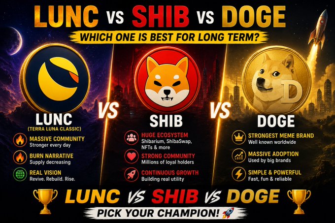 A cryptocurrency comparison graphic titled 'LUNC vs SHIB vs DOGE - Which one is best for long term?' featuring the Terra Luna Classic, Shiba Inu, and Dogecoin logos with their respective features like 'Massive Community,' 'Strong Community,' and 'Strongest Meme Brand,' and instructions to 'Pick your champion!'