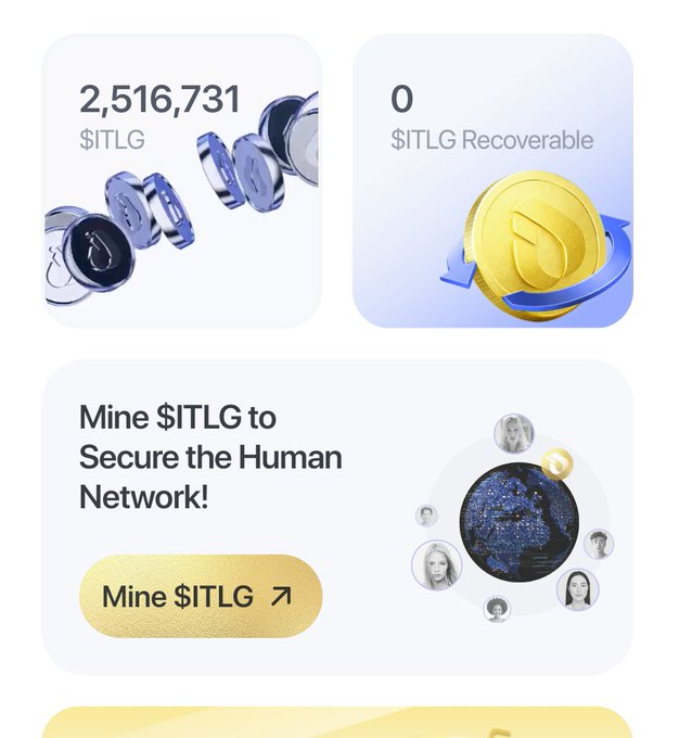 A crypto dashboard interface displays a balance of 2,516,731 $ITLG with 0 $ITLG Recoverable, alongside a "Mine $ITLG to Secure the Human Network!" call-to-action button. The image complements the post by showcasing tangible proof of the user's InterLink earnings accumulated over their 1.5+ years of active participation as a top contributor.