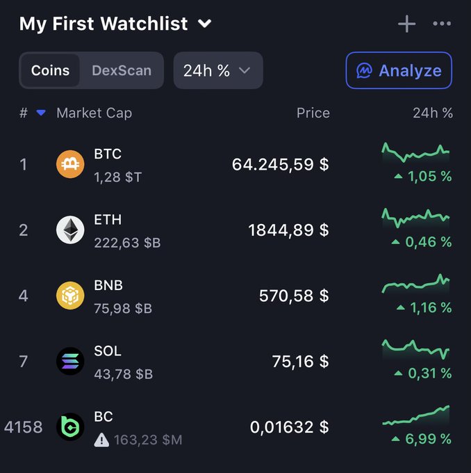 This image displays a cryptocurrency watchlist featuring BTC, ETH, BNB, SOL, and BC, with BC showing a 6.99% growth in the last 24 hours, aligning with the post's mention of its performance.