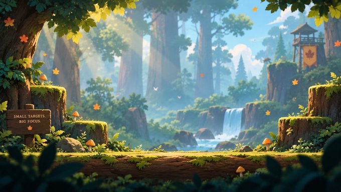 A stylized forest scene with a waterfall, mushrooms, and a wooden sign reading 'SMALL TARGETS, BIG FOCUS' on the left.