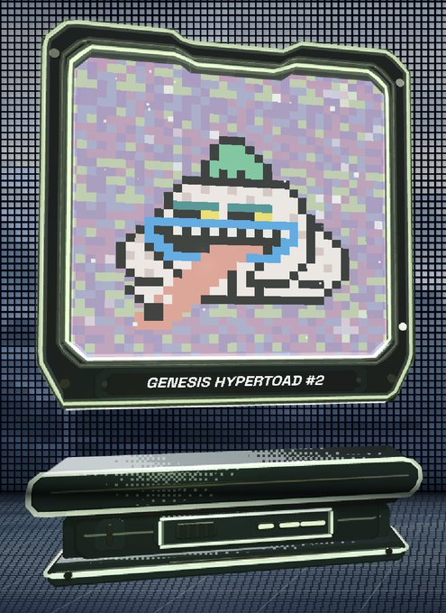 A pixel art collectible featuring a character with a green hat and sunglasses displayed on a digital monitor labeled 'GENESIS HYPERTOAD #2', sitting atop a futuristic black console.