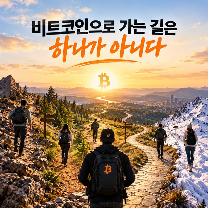 A group of hikers with backpacks bearing the Bitcoin "₿" logo stand at a crossroads on a mountain path, facing a golden sunset with a large Bitcoin symbol rising over the distant valley. The Korean text "비트코인으로 가는 길은 하나가 아니다" (translating to "There is not only one path to Bitcoin") is displayed at the top, emphasizing the post's theme that newcomers don't need to follow a single prescribed route when entering Bitcoin, as experienced veterans each have their own unique journey shaped by trial and error.