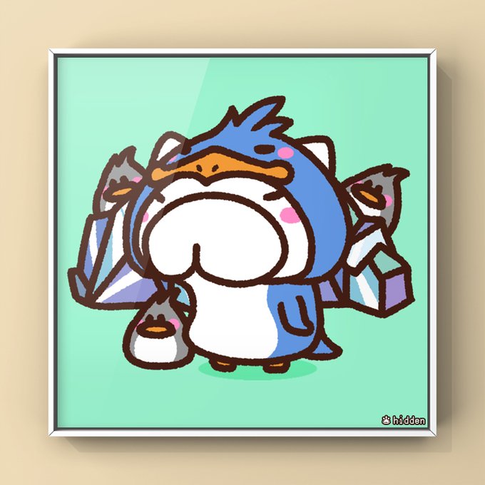 Cute cartoon illustration of a blue and white penguin-like creature surrounded by smaller grey birds, signed '© hidden' in the bottom right corner.