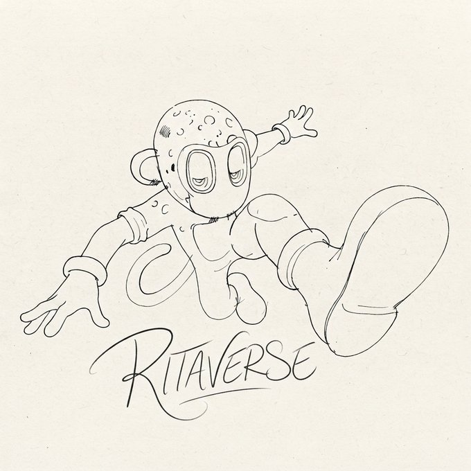 Pencil sketch of a masked character in a dynamic pose with the word 'RITAVERSE' written below.