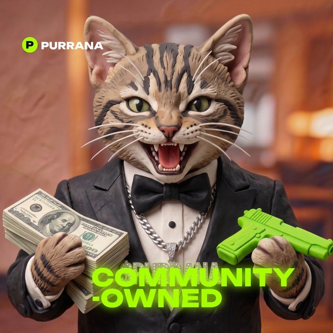 An anthropomorphic tabby cat in a tuxedo holds a stack of $100 bills and a green pistol, with the text "PURRANA" and "COMMUNITY-OWNED" displayed—promoting a $25 Solana giveaway by projecting a flashy, money-and-meme aesthetic meant to attract crypto participants.