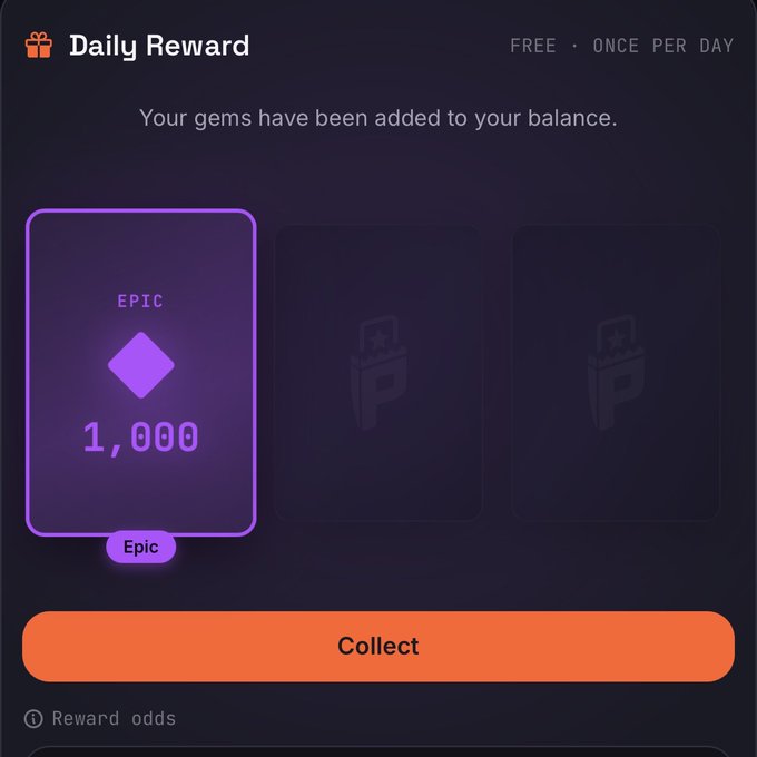 A "Daily Reward" screen displays an Epic-tier prize of 1,000 gems available to collect, suggesting the user earned in-game currency to spend on ripping packs today.