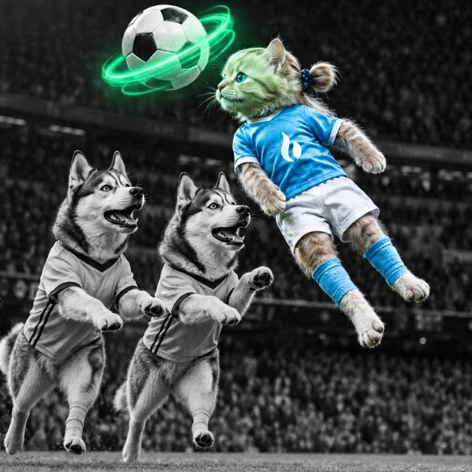 A stylized image of a cat in a blue soccer jersey performing a bicycle kick with glowing green motion trails on the ball, while two huskies in white jerseys attempt to block the shot in a stadium setting.