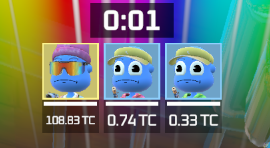 The image features a 3D rendering of three cartoon characters, each wearing sunglasses and hats, with one character having a yellow hat and another wearing a blue hat. The characters are positioned at different angles, creating an interesting visual effect. In the background, there is a clock displaying the time as 0:01.