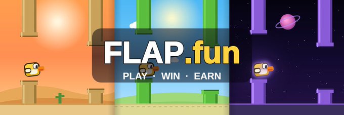Promotional banner for FLAP.fun featuring the tagline 'PLAY · WIN · EARN' with a pixel-art bird character across three themed backgrounds (desert, daytime sky, and outer space).