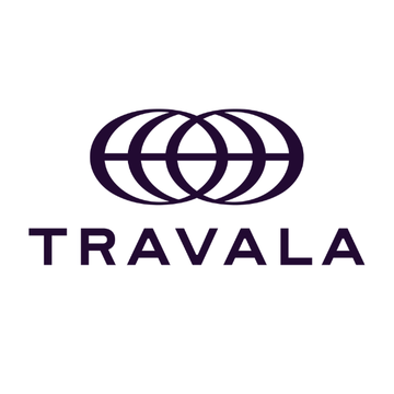 The image features a logo for a company named Travala, which has been placed against a white background. The logo consists of two circles connected by lines, creating an abstract design that resembles the Earth. The word "travala" is written in black letters below this design. Below the logo, there's text that reads: "It's official: Travala is now on @farcaster_xyz Come say hi and cast with us: farcaster.xyz". This text provides additional information about the company and its connection to a specific website or social media platform.