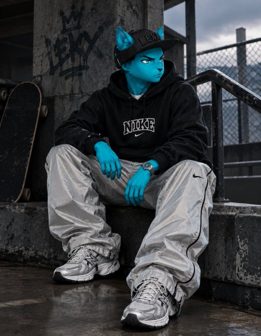 A blue-furred anthropomorphic character with cat ears wearing a black "NIKE" hoodie, silver pants, and sneakers, sitting on urban steps next to a skateboard.