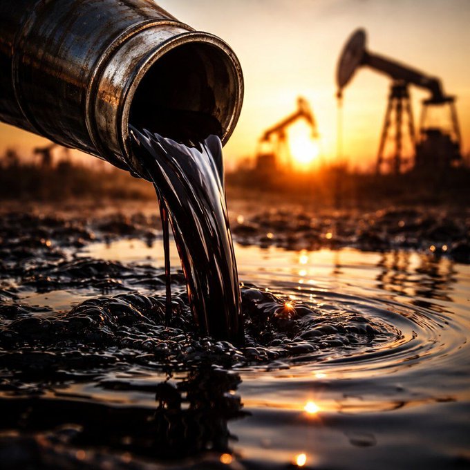 A dark pipe pours black crude oil into rippling water against a sunset backdrop featuring silhouetted pumpjacks, symbolizing the global oil market disruptions. The image visually reinforces the post's breaking news of rising oil prices following Houthi attacks, with Brent crude climbing 0.78% to $104.68 and WTI reaching $101.06.