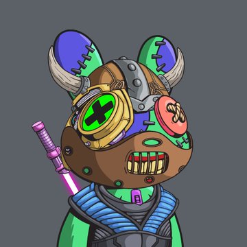 A cartoon character with a stitched-together brown head, glowing green cross eye, pink nose, and horns, holding a pink lightsaber-like weapon.