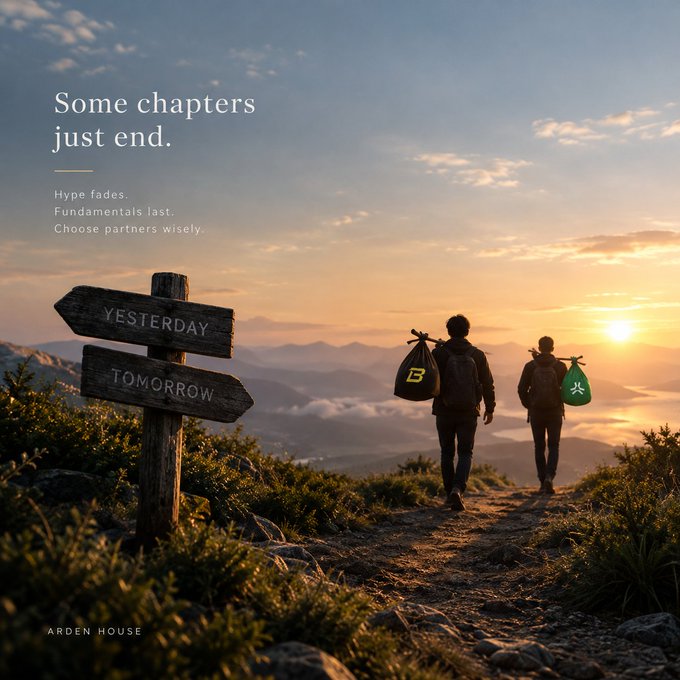 An inspirational image titled 'Some chapters just end' by Arden House, depicting two figures walking away at sunset with bags bearing cryptocurrency symbols, alongside a wooden signpost pointing to 'YESTERDAY' and 'TOMORROW'.