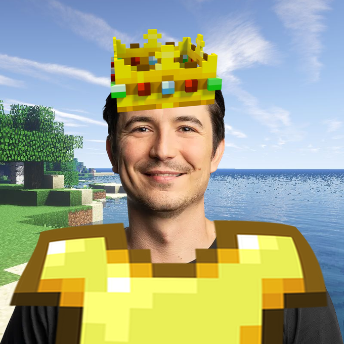 A real-life man wearing a pixelated gold crown and golden Minecraft-style armor superimposed over a Minecraft beach background.