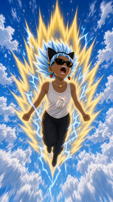 An anime-style illustration depicts a character with spiky blue hair, sunglasses, and cat ears, surrounded by a golden Super Saiyan-like aura against a sky background.