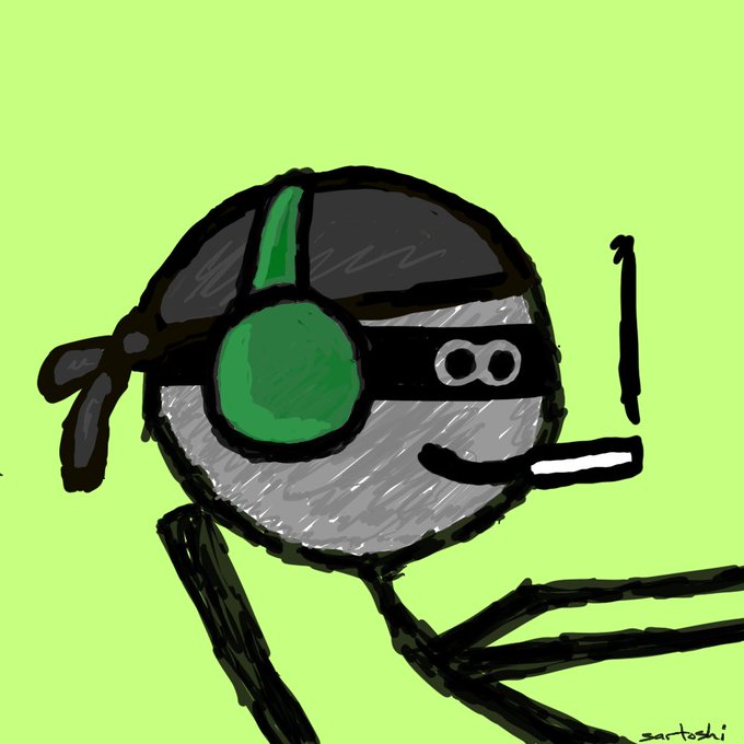 A crude digital drawing of a round character wearing a helmet with a green stripe and the number 8.