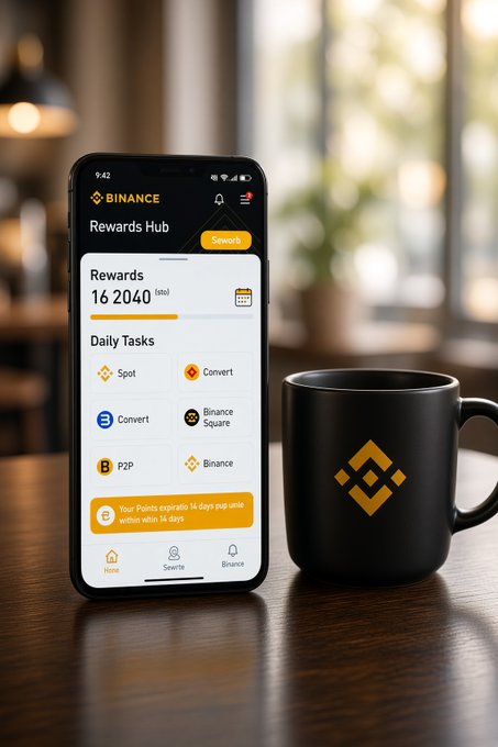 A smartphone displaying the Binance Rewards Hub app with 'Rewards 16 2040' and Daily Tasks menu, placed next to a black mug with the gold Binance logo on a wooden table.