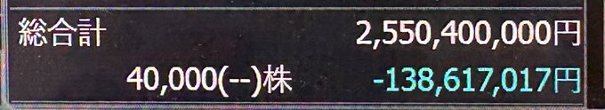 A financial display showing a total of 2,550,400,000 yen with 40,000 shares and a figure of -138,617,017 yen displayed on what appears to be a stock market screen.
