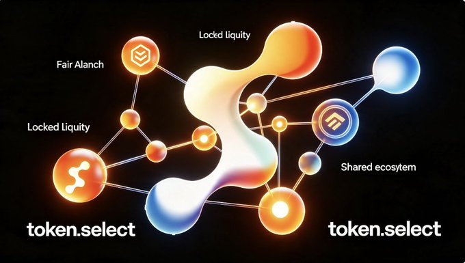 The image is a stylized digital illustration featuring interconnected glowing orbs and nodes in orange and blue hues, labeled with terms like "Locked liquidity," "Fair Alanch," and "Shared ecosystem," alongside the branding "token.select" on both sides. The visual emphasizes the structured, interconnected nature of a token launch platform, reinforcing the post's message that token teams should use @selectfdn to ensure fair, bot-resistant launches where everyone enters at the same price.
