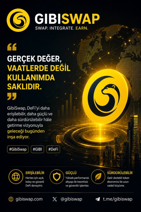 A promotional graphic for 'GIBISWAP' features a gold coin logo, a globe graphic, and Turkish text promoting a DeFi platform, along with hashtags like #GibiSwap, #GIBI, and #DeFi.